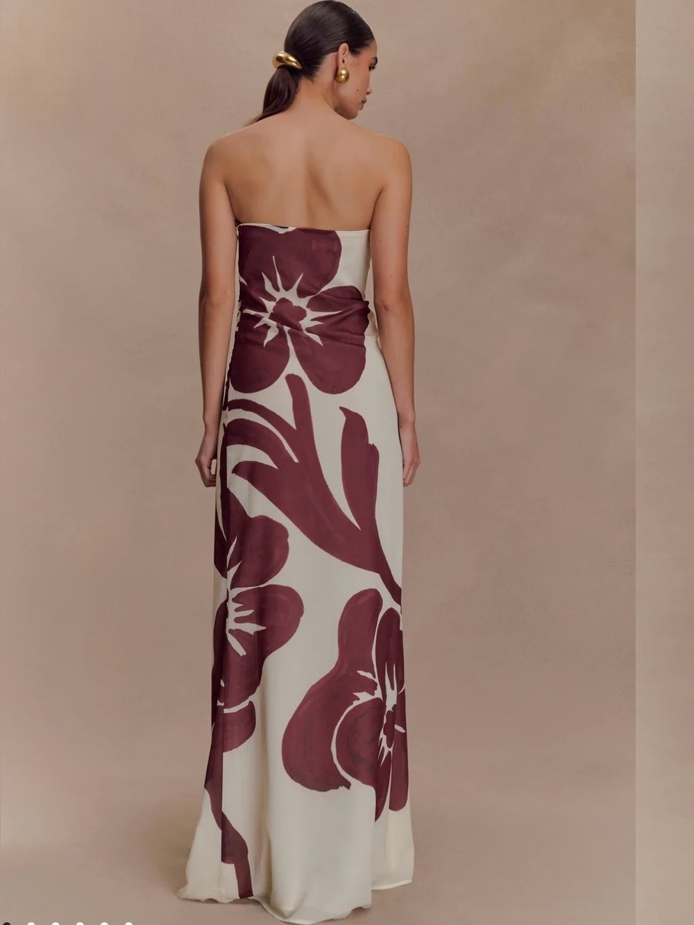 Meshki Strapless Floral Maxi Dress in Cream and Burgundy - Picture 2 of 5